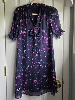 DKNY Navy Dress with Bright Purple & Blue Floral Print